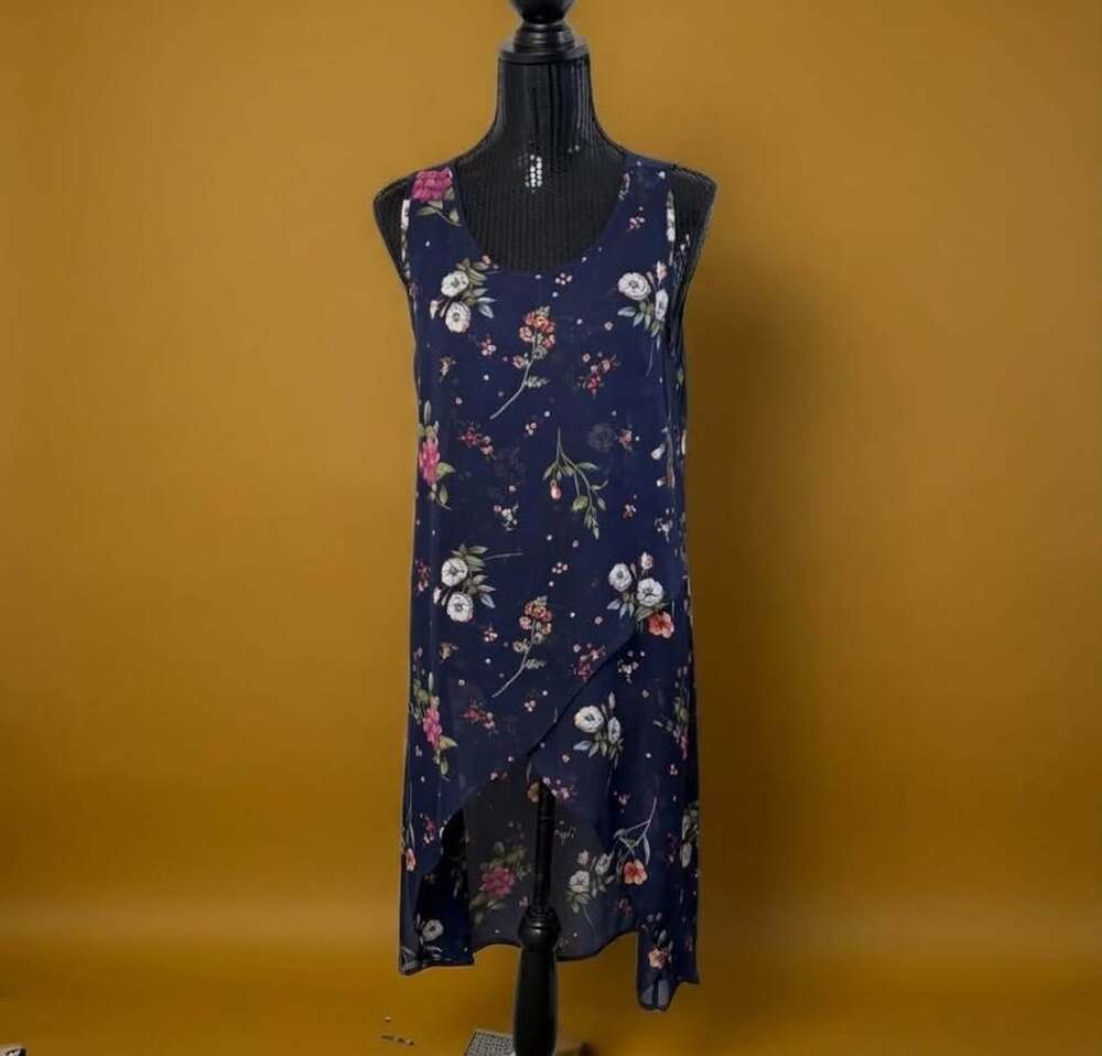 Moa Moa Womens Floral High Low Tank Top Dress Size L Navy Blue Sleeveless